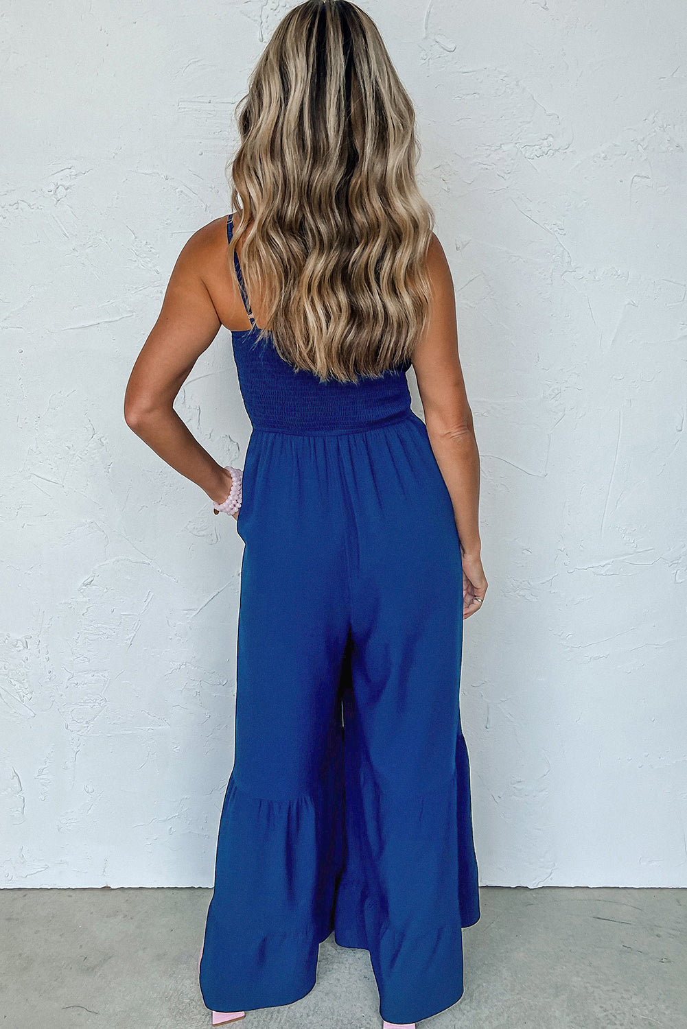 Blue Shirred Jumpsuit