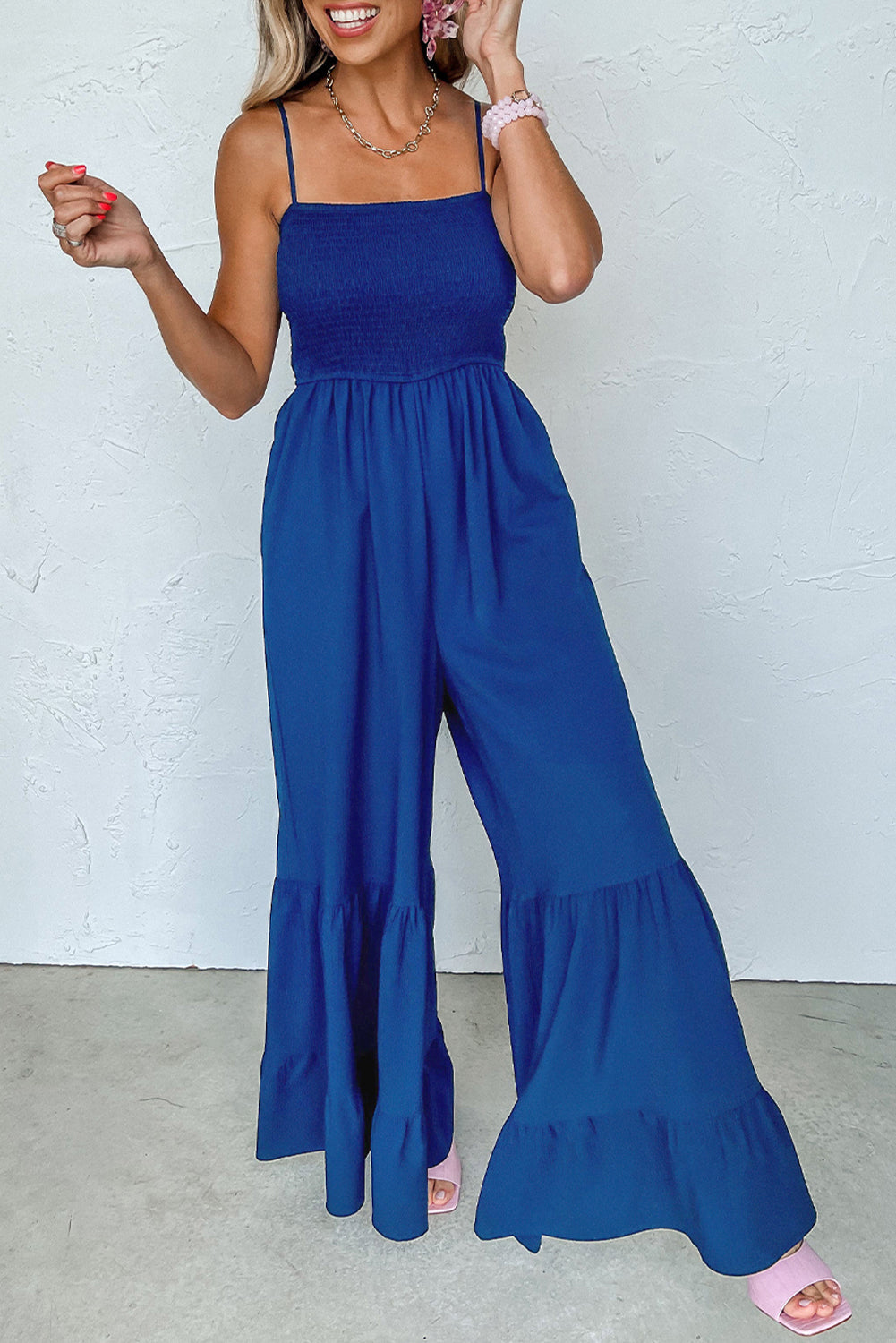 Blue Shirred Jumpsuit