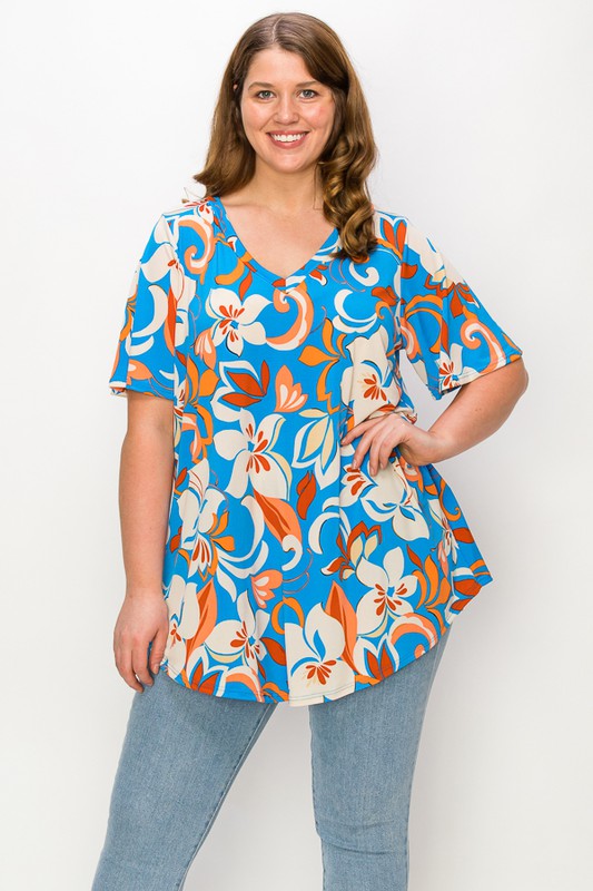 Blue Floral V Neck