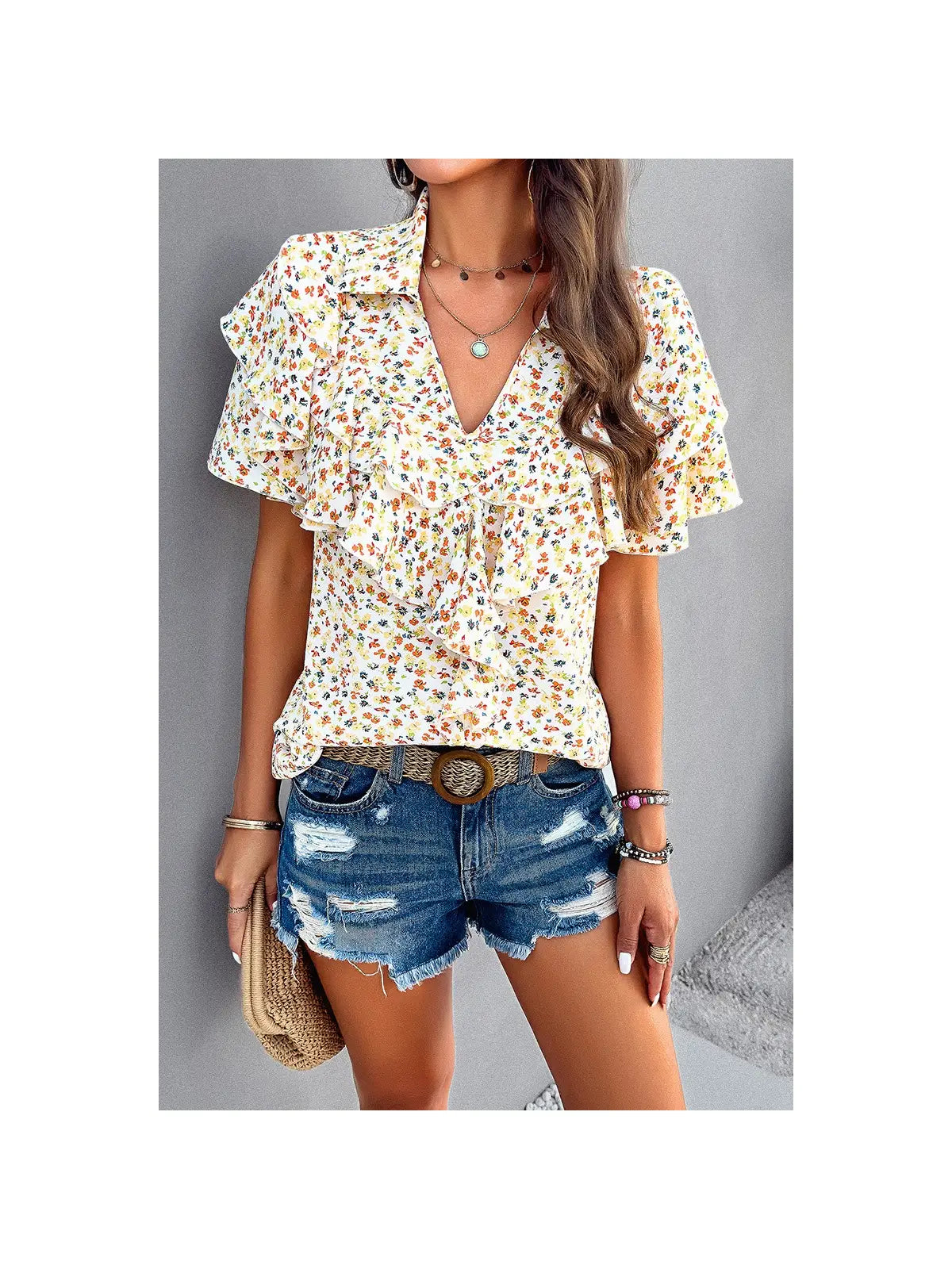 V Neck Heavy Ruffle