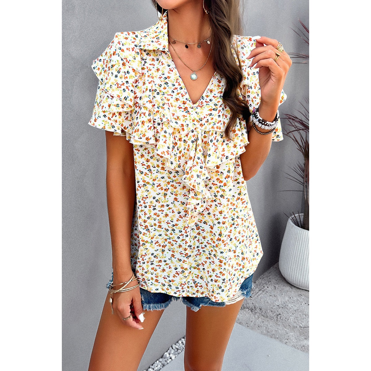 V Neck Heavy Ruffle