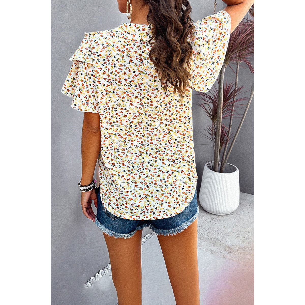 V Neck Heavy Ruffle